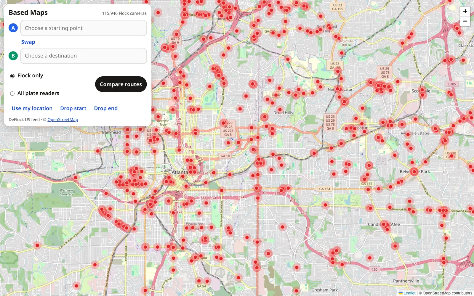 Dense red dots marking mapped Flock cameras across Atlanta