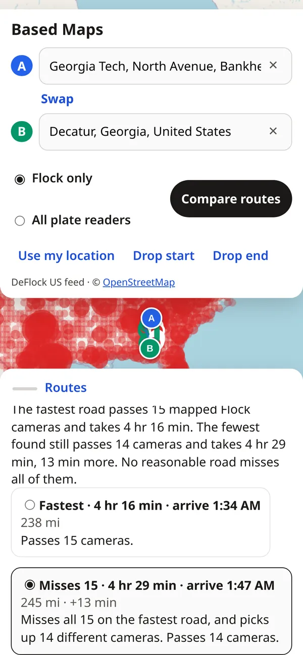 Based Maps on a phone showing a route comparison