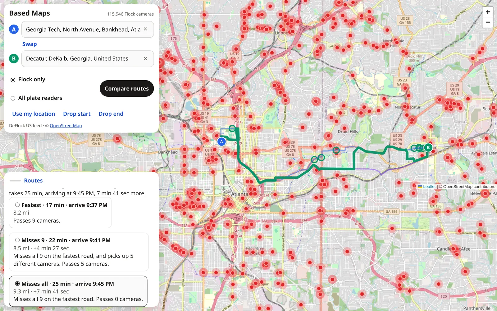 Based Maps comparing three routes from Georgia Tech to Decatur: fastest passes 9 cameras, one passes 5, one passes 0
